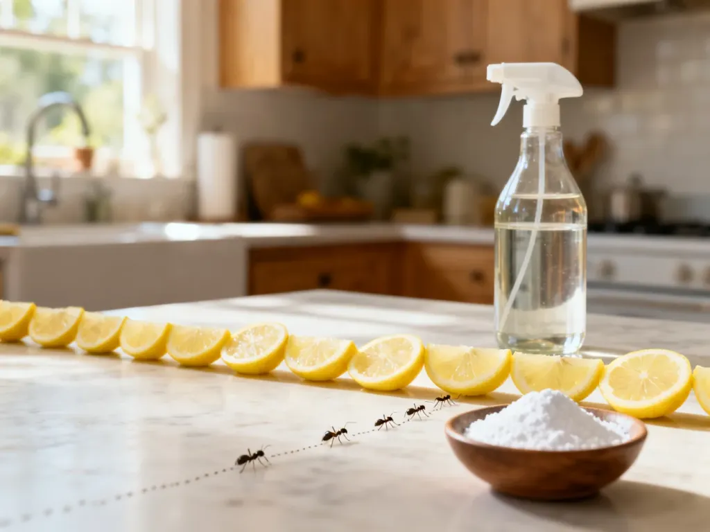 Naturalne domowe sposoby na mrówki: plasterki cytryny, ocet i soda tworzą barierę zatrzymującą szlak mrówek.