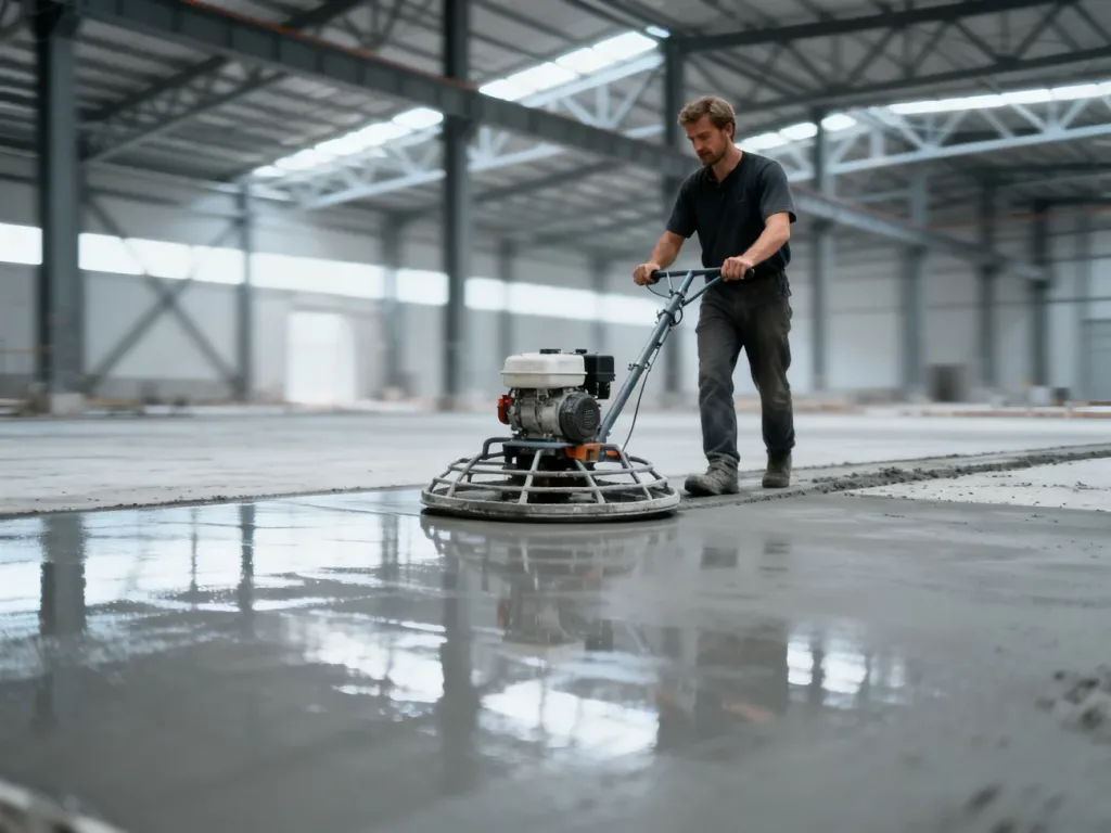 Pracownik wygładzający świeżą wylewkę betonową przy użyciu zacieraczki mechanicznej w nowoczesnej hali przemysłowej.