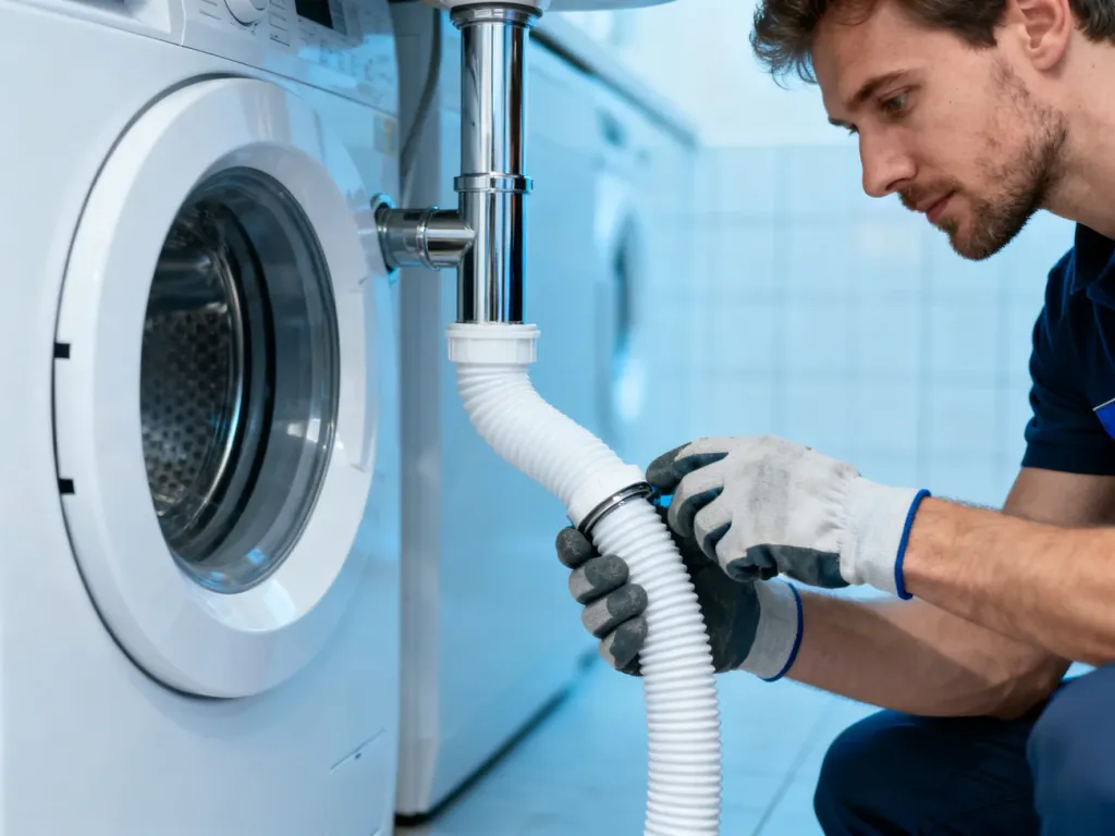 Mężczyzna w rękawicach roboczych podłącza wąż odpływowy pralki do instalacji hydraulicznej w jasnej pralni.